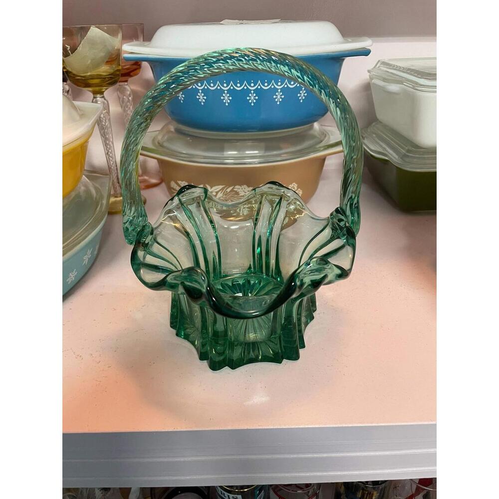 Vintage Fenton Green Vulcan Art Glass Basket with Twisted Handle